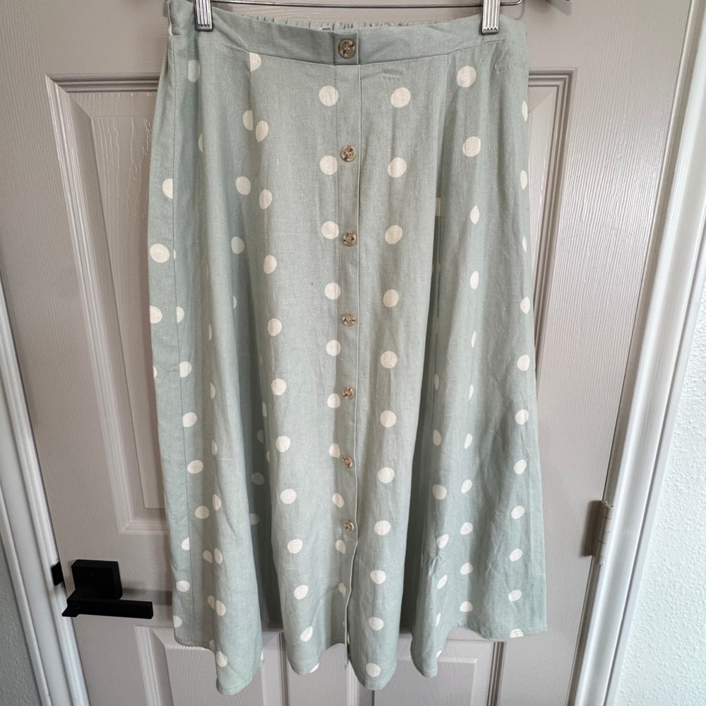 Blu Pepper Mint Green Polka Dot Linen Blend Button Front Midi Skirt L Cottage